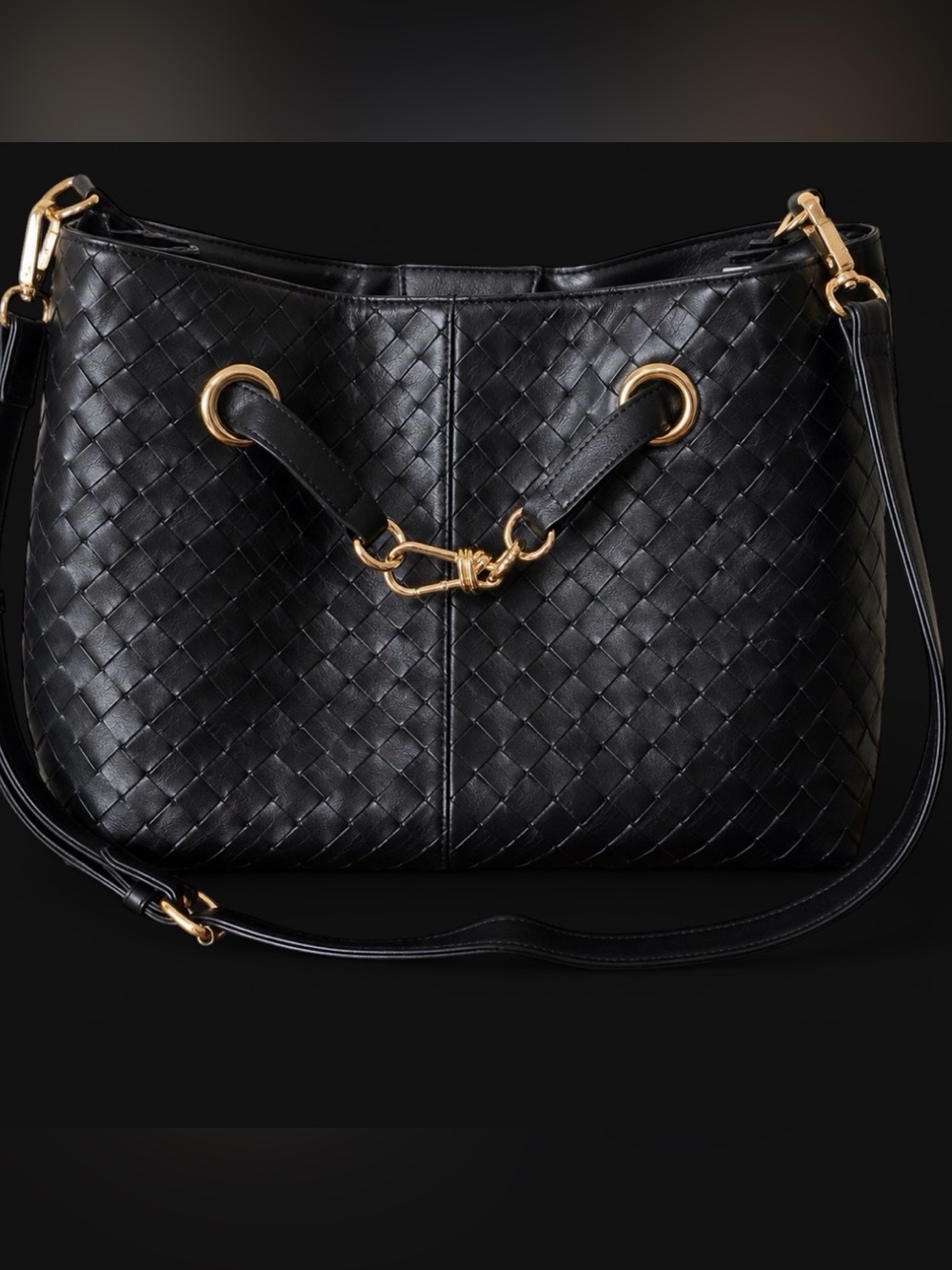 Black Woven Leather Shoulder Bag with Gold Hardware